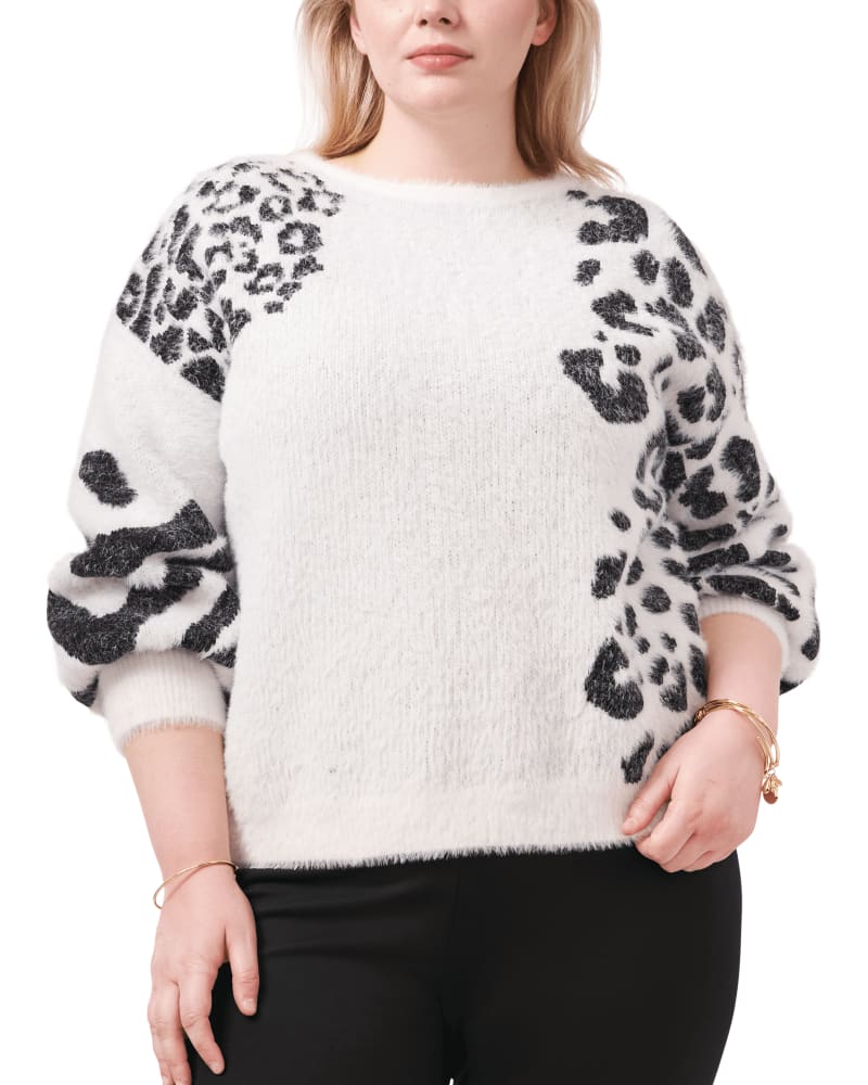 Front of a model wearing a size 1X Nora Animal Print Sweater in ANTIQ WHITE by Vince Camuto. | dia_product_style_image_id:261772
